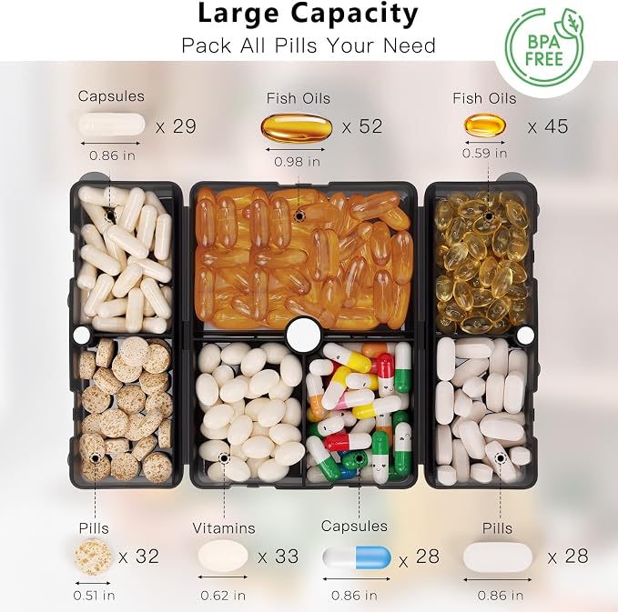 FYY Daily Pill Organizer,7 Compartments Portable Pill Case Travel Pill Organizer,[Folding Design] Large Pill Box for Purse Pocket to Hold Vitamins,Cod Liver Oil,Supplements and Medication-Clear Black
