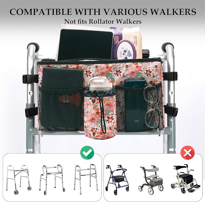 Double-Sided Walker Bag with Flower Design,Tote Handle Zipper Plug Buckle Organizer Pouch for Seniors, Walker Accessories
