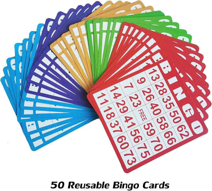 SEETOOOGAMES Deluxe Bingo Game Set - 8 Inch Metal Cage, 50 Paper Cards, 600 Colorful Clear Chips, Bingo Balls and Plastic Master Board, Great for Adults Large Groups, Familiy Games Nights Parties