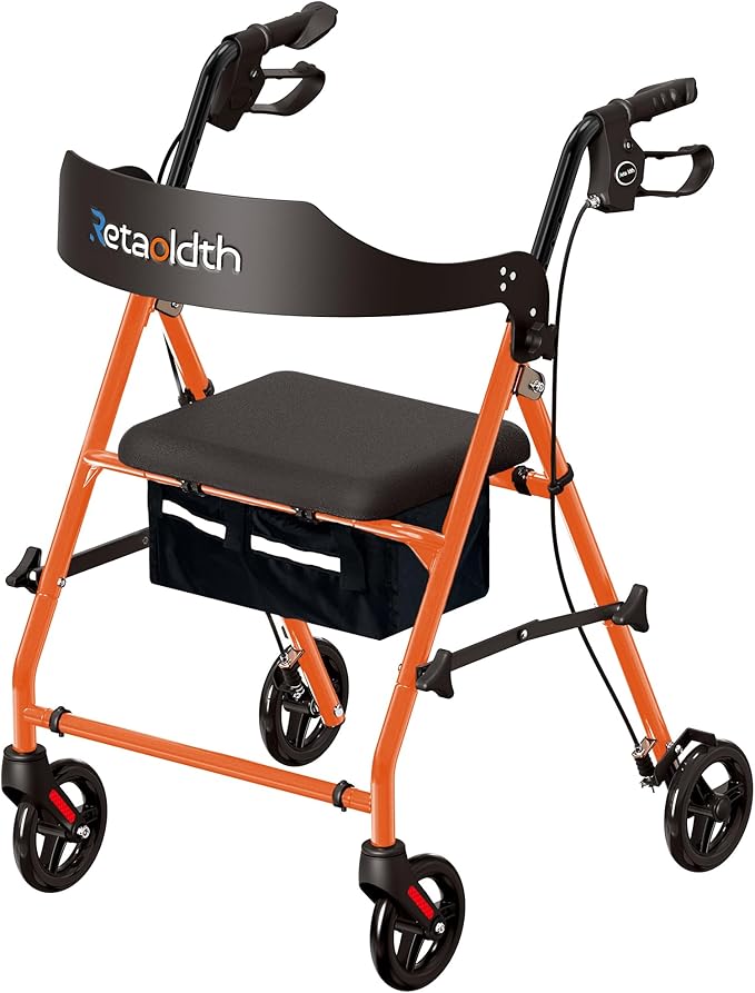 Foldable Rollator Walker with Seat for Seniors, All-Terrain Wheels, 350lb Capacity, Reinforced Inner Metal Rod for Easy Folding & One-Hand Carry, Lightweight Rolling Walker - Orange
