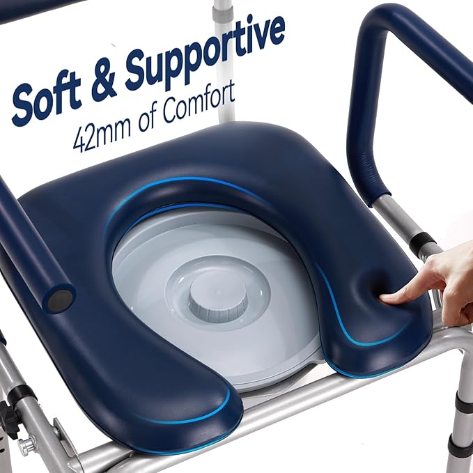 Drop Arm Bedside Commode, Commode Toilet with Padded Seat and Backrest, 300lbs Capacity, 6.3QT Removable Bucket and Splash Guard, Adjustable Height Portable Toilet for Adults, Blue