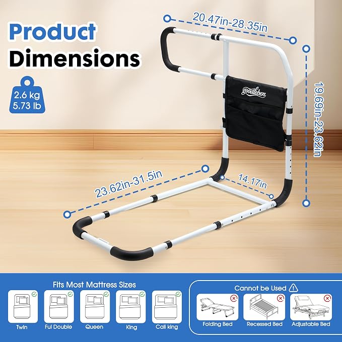 Bed Rails for Elderly Adults, Adjustable Bed Assist Rails for Seniors with Non-Slip Handle & Storage Pocket, Bed Assist Bar Supports up to 350 Lbs, Fits Twin/Full/Queen/King Beds