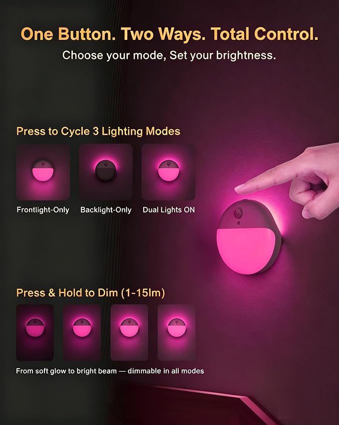 Pink Motion Sensor Night Light Battery Operated, Dim Light,1-15lm | 2 Pack, 3 Modes, Dimmable, Wireless Motion Activated Light, Stick on, Pink Light for Girls, Bathroom, Bedroom, Room Decor