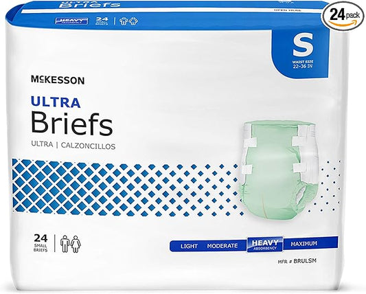 McKesson Ultra Briefs, [24 Count], Small, 22-36 in. Incontinence Adult Diapers, Heavy Absorbency, Unisex, Disposable, Elastic Leg Gathers and Contoured Fit for Men and Women