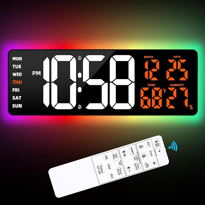 17.3" Large Digital Wall Clock Timer Alarm Clock with 8 Color Night Light | Led Large Display Mount Clock with Jumbo Number, Auto-Dimming/DST, for Classroom Living Room Gym Gift for Senior Mom Dad