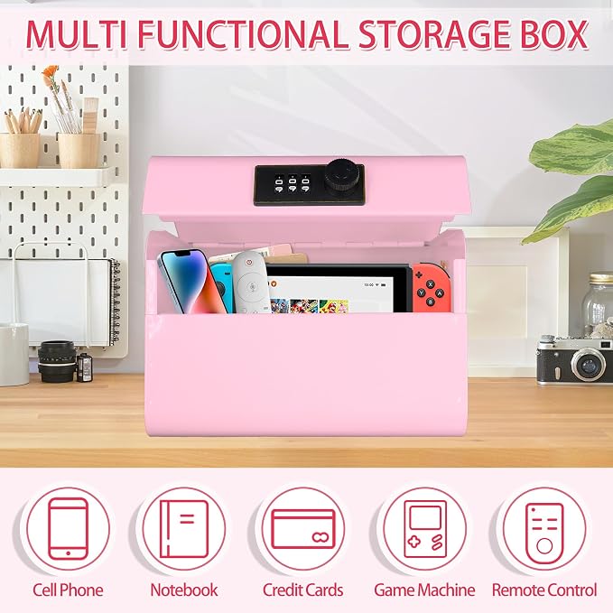 Medicine Lock Box with Code, Portable Medication Storage Box with Handle, Safety Medicine Case, First Aid Storage Organizer for Dorm Room, Home, Office (Pink)