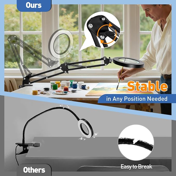 HITTI 10X Magnifying Glass with Light, 1800 Lumens Stepless Dimmable, 3 Color Modes, 4.2″ Real Glass Lens LED Lamp Square Base & Clamp, Magnifier Light and Stand for Panting, Puzzle, Close Work