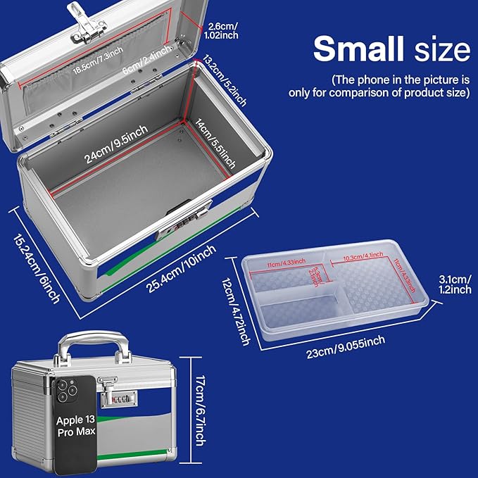 Medicine Storage Box with Code, Empty First Aid Box with Size 10 * 6 * 6.7”, Safe Medication Storage Organizer for Home, Outdoor, Dorm- Silver