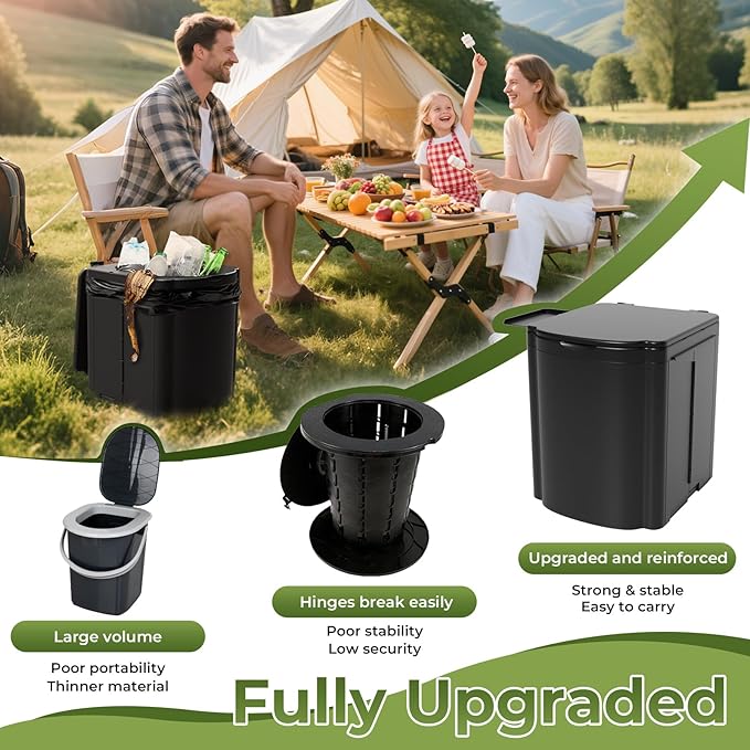 Portable Camping Toilet Kit for Adults (MAX 440lbs), Upgrade Travel Potty Seat with Lid Removable Paper Holder and Absorbent Gel, for Camping, Hiking, Truck, RV Toilet, Beach