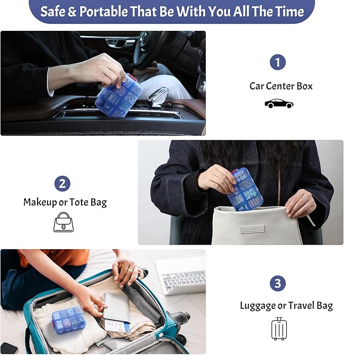Foldable Weekly Pill Organizer 2 Times a Day with 2 Extra Compartments (Clear Printed Labels) - 7 Day AM PM Medicine Box, Week Daily Travel Pill Case Holder for Vitamin, Supplement - Clear Blue