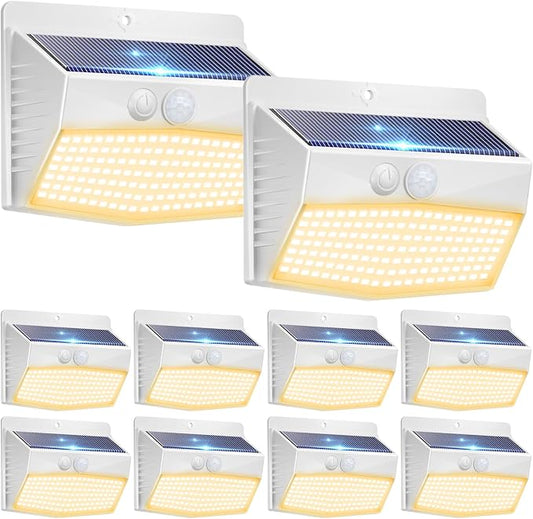 10 Pack Solar Motion Sensor Lights Outdoor Waterproof with 3 Modes | Warm White, White Frame, LED, Solar Powered, Security Lighting for Outside Wall Garden Fence Yard Deck Patio Garage