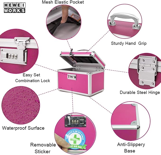 Combination Locking Medication Box with Portable Storage Case, 10.2''x 6.8''x 6.8'', Childproof Medicine Lock Organizer, Lockable Box for Documents & Valuables (Pink/Small)
