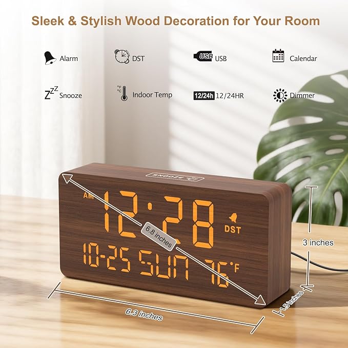 DreamSky Wooden Digital Alarm Clocks for Bedrooms with Date & Day of Week | Living Room Desk Clock, Temperature, USB Port, Dimmer Wheel, Adjustable Volume, Auto DST, Office Wood Decor (Plug-in)