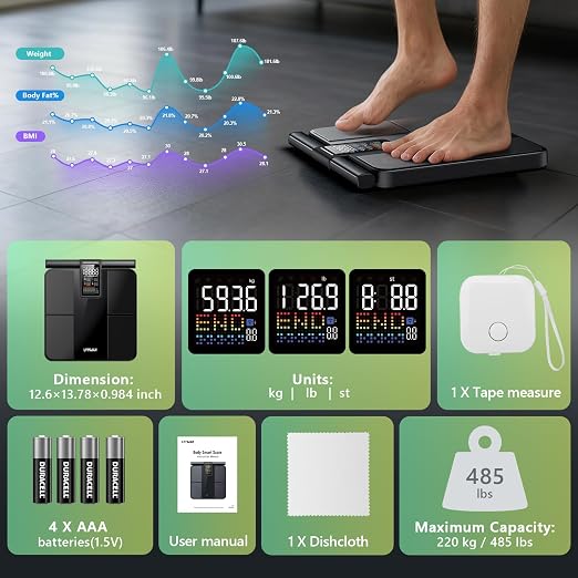Smart Scale for Body Weight and Fat, 57 Body Composition Metrics, BMI, Muscle Mass, 8-Electrode Digital Bathroom Scale, 485lbs Capacity, with 5.25-Inch VA Color Screen & Retractable Handle