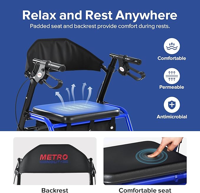 Metro Mobility Rollator Walker with Seat for Seniors, Foldable Lightweight Rolling Walker, 8" Big Wheels for All Terrain, 300 lb. Weight Capacity, Blue