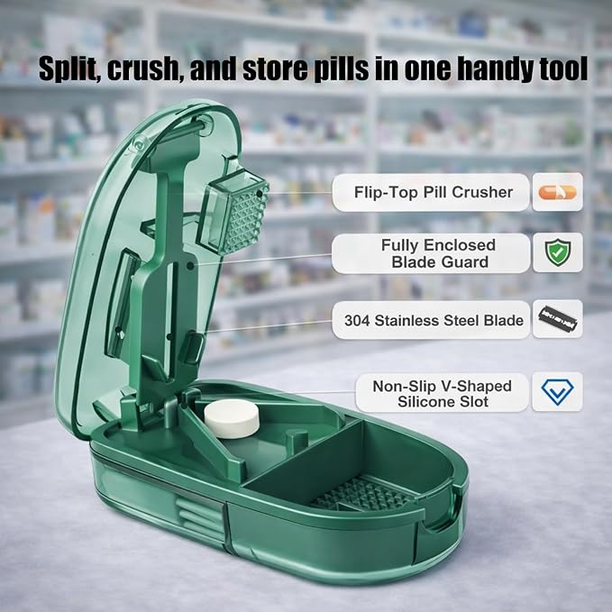Small Pill Cutter, Tablet Splitter for Tiny and Large Pills, Portable Pill Press and Divider for Vitamins, Travel Organizer with Safety Blade Guard– Green