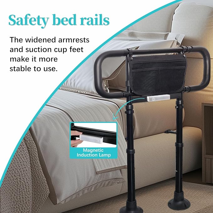 Bed Rails for Elderly Adults Safety with Light Adjustable Heights Storage Pocket Assist Support Side Railings for Seniors Citizens Slides Under Mattressbed Cane Bed Guard (Black with Warm Light)