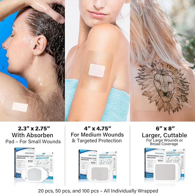 FRESINIDER Transparent Film Dressing 6” x 8” (50 Pack) – Large Waterproof Shower Bandages, Breathable Clear Wound Cover with Border for IV Shield, Post-Surgery Care & Tattoo Aftercare