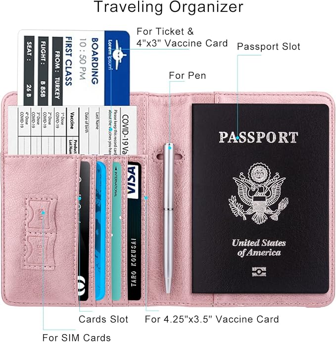 WALNEW Passport Holder for Travel, RFID Passport Wallet, Travel Essentials | PU Leather Passport Cover Case with Pen Holder, Travel Must Haves Accessories, Passport Book Holder for Women