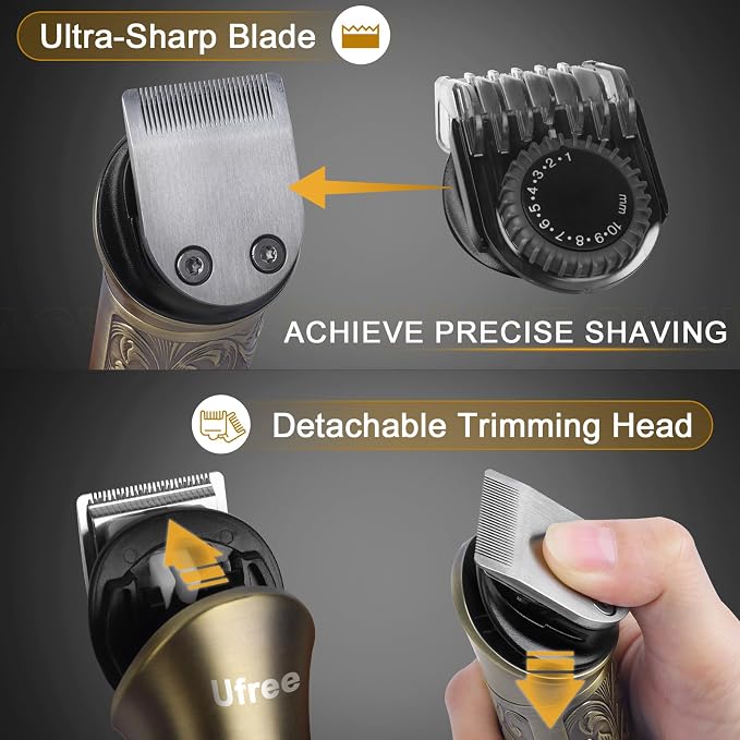 Ufree Hair Clippers for Men, Cordless Beard Trimmer, Grooming Kit, Bronze | T-Blade, 6500RPM, 1-22mm Adjustable Comb, Type-C, 180min Runtime, for Beard, Stubble, Nose and Crisp Edges, Men Gift