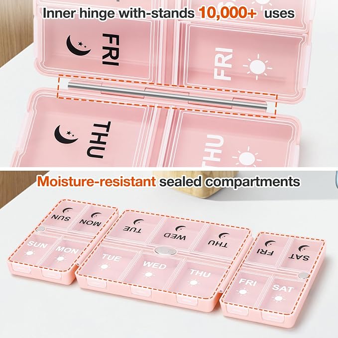FYY Weekly Pill Organizer 2 Times a Day, Magnetic Travel Pill Box AM PM with Easy Open – 7-Day Daily Pill Case Medicine Organizer for Vitamins,Supplements - Pink