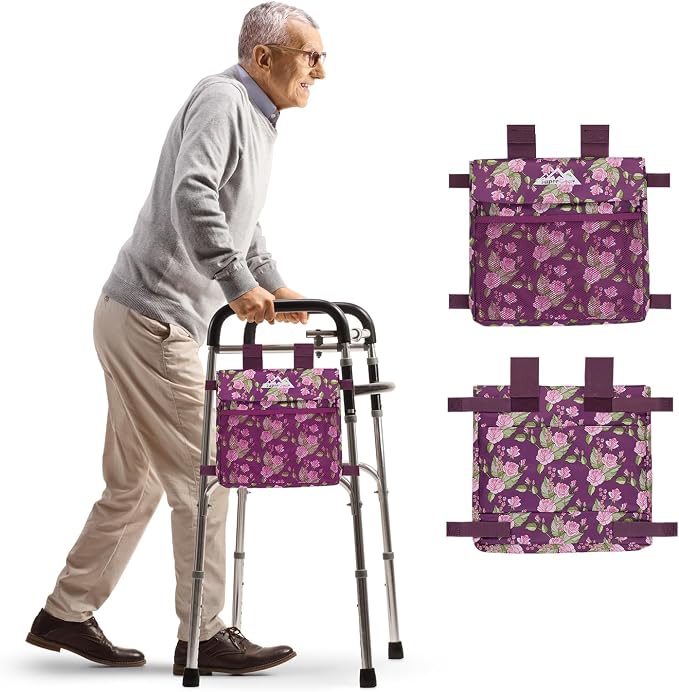 supregear Walker Side Bag, Water Resistant Accessory Basket Pouch for Folding Walkers, Lightweight Hand Free Storage Carrier Tote, Universal Size Seniors Caddy Attachment, Floral Purple