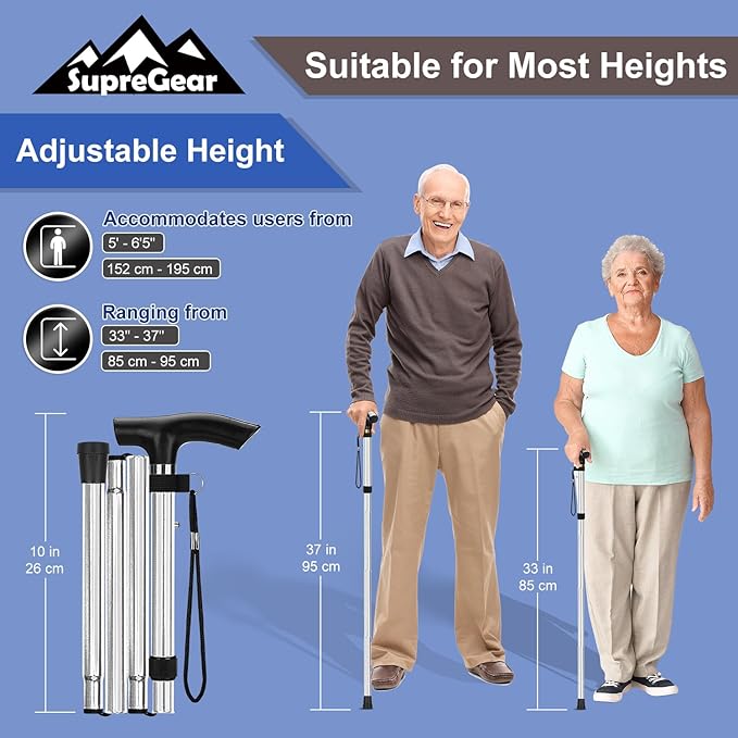 supregear Folding Cane, 5-Level Adjustable Height Walking Stick Lightweight Collapsible Portable Travel Cane with Wrist Strap and T Handle for Elderly Disabled Men Women