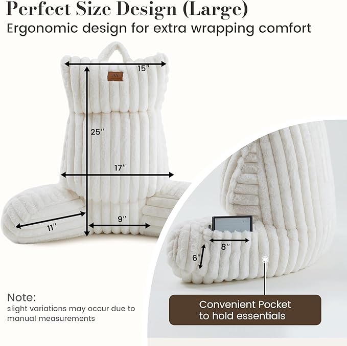 Amélie Home Faux Fur Reading Pillow with Pocket for Sitting in Bed, Adult Backrest Bed Pillow with Washable Cover for Lounging, Study & Relaxing, Ivory 25 inches
