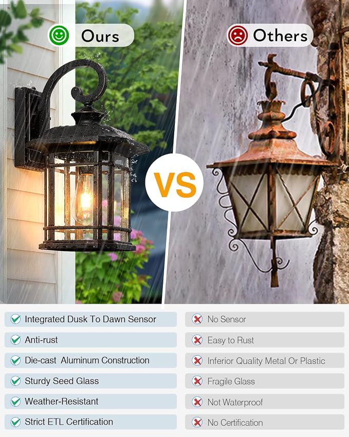 VIANIS 16.7 in Large Oil Rubbed Bronze Porch Lights Outdoor, Dusk to Dawn Outdoor Lights for House, Waterproof Outside Wall Light Fixtures for House, Garden, Garage, Entryway, Anti-Rust