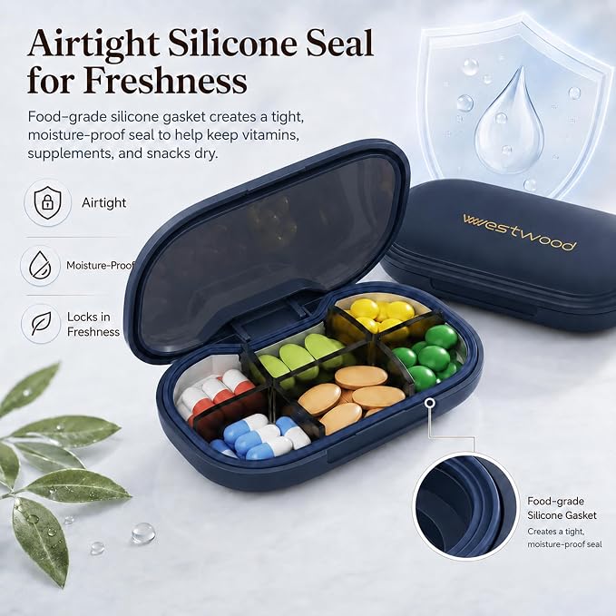HyJeryty 6-Compartment Pill Organizer - Small Compact Travel Pill Case for Vitamins, Medication and Supplements - Portable Blue Medicine Pill Box with Stylish Design