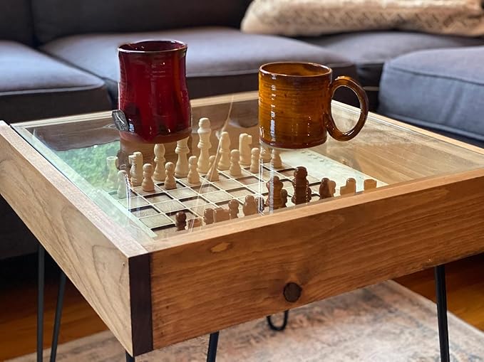 Rustic Chess and Checkers Coffee/End Table with Removable Glass top - Full Set of Chess and Checkers Pieces Included.
