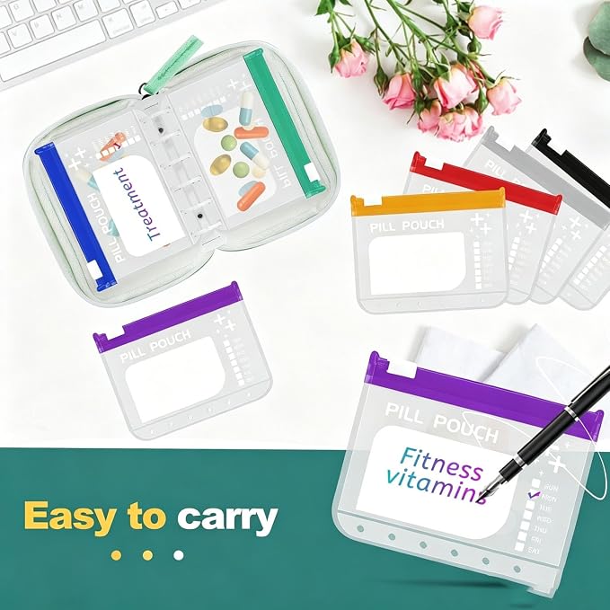 Waterproof Pill Organizer Set, Pill Pouch Organizer Binder, Waterproof Pill Pouch Set, Travel Medicine Organizers with 14 Color-Coded Pouches, Leakproof Reusable Zippered Storage Case(Green)