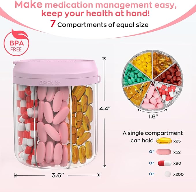 Pill Dispenser with 7 Large Compartments, Pill Bottle Organizer for Travel, Supplement Organizer with Anti-Mixing Design, BPA-Free Pill Container with 20 Pcs Labels, Pink