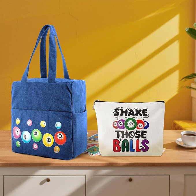 Bingo Bags with Pockets on Clearance, Bingo Bag with Zipper and Polyester Bingo Daubers Makeup Bag, Bingo Bags and Accessories Tote Gifts Game Suitable for Women and Girls (Blue)