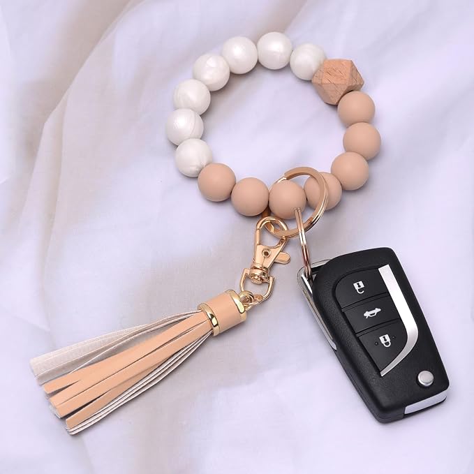 BAOSIWA Silicone Beaded Bracelet Keychain Wristlet Key Ring Bangle Chains for Women with Leather Tassel