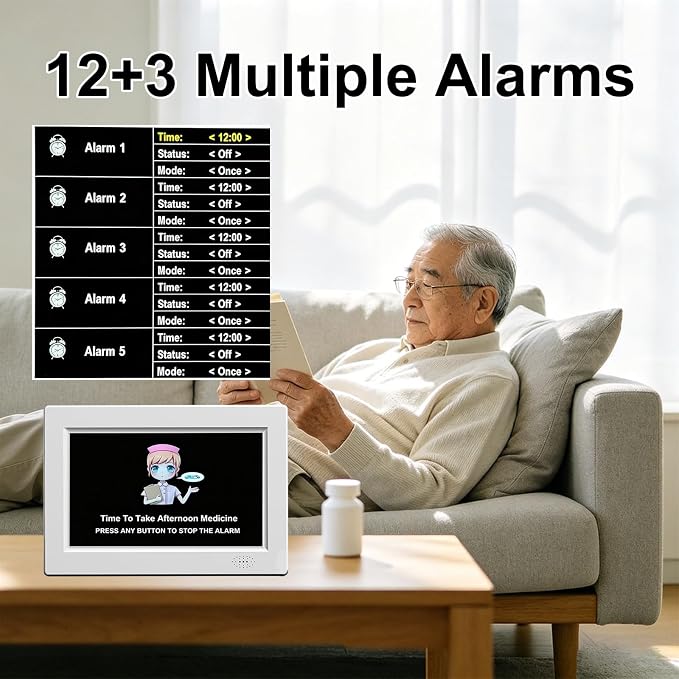 8Inch White Digital Dementia Clock, Large Display Calendar Clock, 15 Medication Reminders, Auto DST, Auto Brightness Adjustment, Equipped with Remote Control