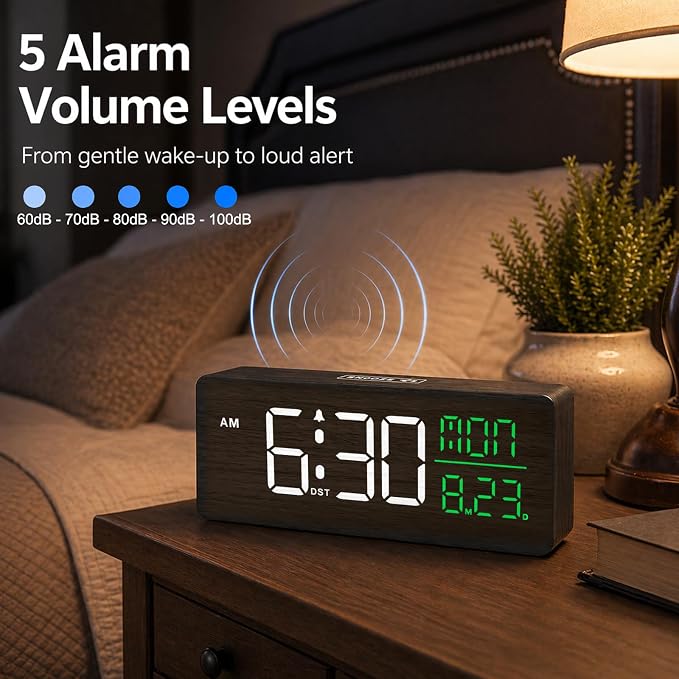 Peakeep Wooden Digital Alarm Clock Large Display, Textured Decoration for Bedroom, Living Room, Plug in Clock with Time Date Day, 5 Brightness, Auto DST