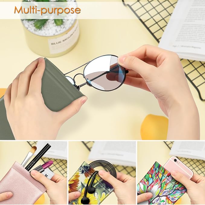 FINTIE Soft Eyeglasses Case with Cleaning Cloth, Portable Squeeze Top Vegan Leather Glasses Pouch, Sunglasses Eyewear Bag