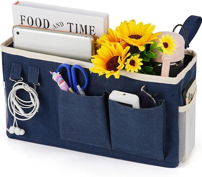 Bedside Caddy, Bedside Storage Bag Hanging Organizer for Bunk Dorm Bed Rail | Bed Caddy with Hooks, Top Bunks and Dorm Essentials for Water, Tissues, Tablets, Books, Phones, Remotes and Other Necessories