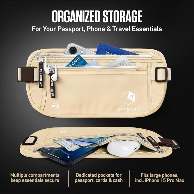 VENTURE 4TH Travel Money Belt, RFID Blocking Passport Holder - Beige