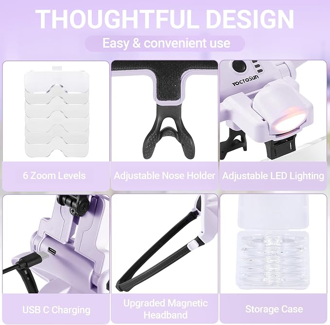 YOCTOSUN Magnifying Glass with Light, 1.0X–4.0X Headband Magnifier | Detachable 6 Lenses,3 Light Colors, Rechargeable Hands-Free Head Magnifying Visor for Close Work, Crafts, Sewing, Jewelry