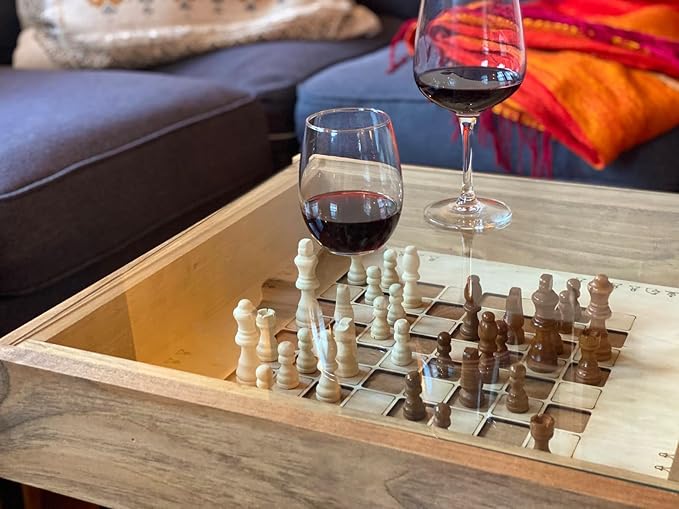 Rustic Chess and Checkers Coffee/End Table with Removable Glass top - Full Set of Chess and Checkers Pieces Included.