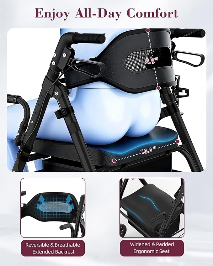 Walkers for Seniors with Seat, 2 in 1 Rollator Walker & Transport Chair with Reversible Backrest & Detachable Footrests, Folding Wheelchair with 8" Anti-Slip PU Wheels, Black
