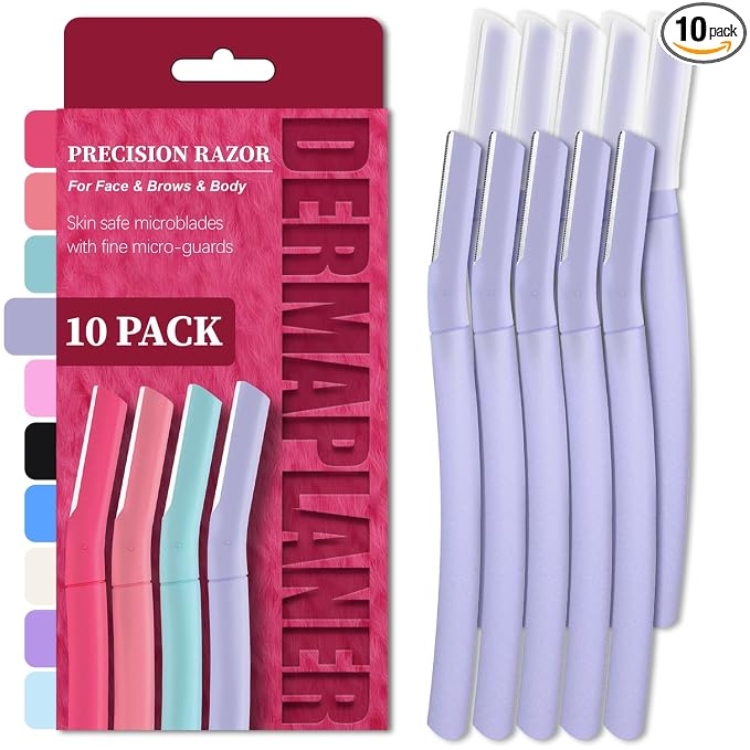 Dermaplane Razor for Women, Facial Razor, Peach Fuzz Remover, 10ct Lilac | Disposable Dermaplaning Tool for Facial Hair Removal & Exfoliation, Microblade Design, Easy Replacement for Home & Travel