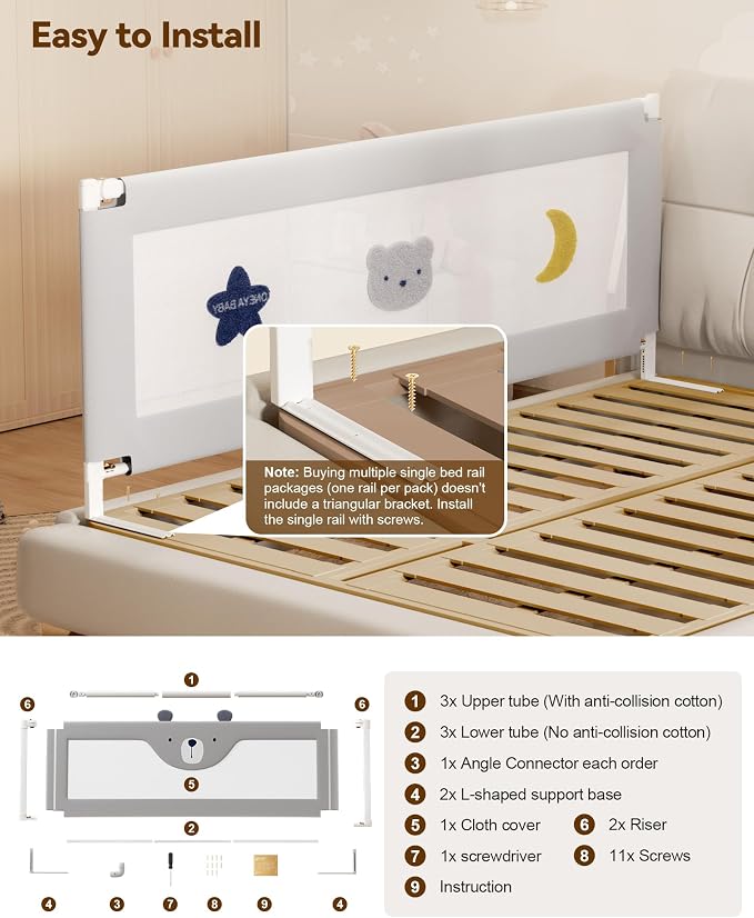 60” Baby Bed Rail Guard for Toddlers, Thickened Toddler Bed Rails | Height Adjustable, Extral Tall Child Safety Side Railing Guards/Bedrail for Kids,Queen Bed,Grey Star, 1 Side 60" Lx28 H