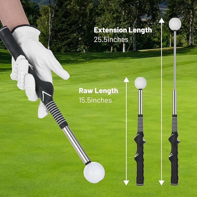 5-in-1 Retractable Golf Swing Trainer, Training Aid with Grip Trainer, Grip Correction for Beginners & Tempo Training for Advanced, Click Feedback, Right/Left-Handed