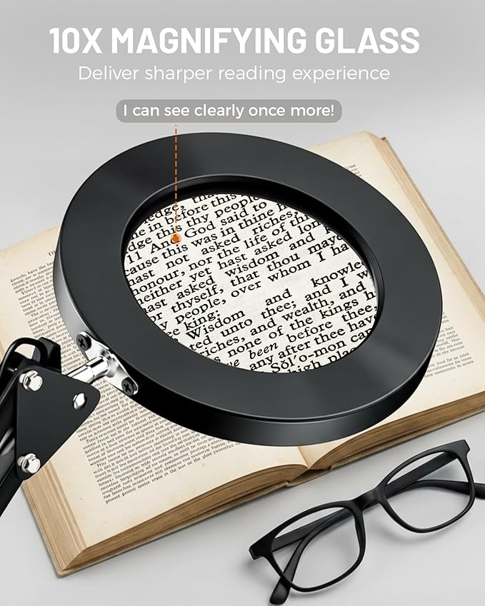 TANYO 10X Magnifying Glass with Light, 3 Color Mode, Hands Free | Real Glass Lens, Dimmable LED Light, C-Clamp, Flexible Desk Magnifier for Jewelry Sewing Crafts Embroidery Repair