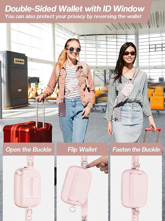 Tiostep Clip and Go Strap for Phone with Wallet Crossbody Phone Lanyard Adjustable and Detachable RFID Wristlet Wallet (Pink, Large)