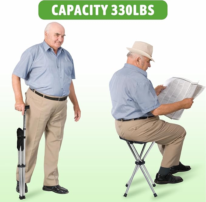 FATTCHIAR Cane with Seat with Light, Cane Chair Adjustable Height Folding Lightweight Walking Stick with Seats, Portable Stool for Adults Seniors