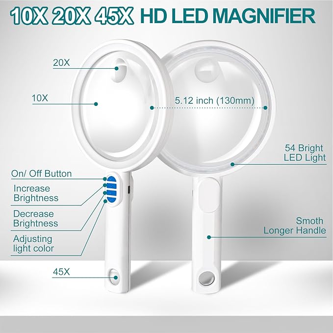 Magnifying Glass with Light Large 5.12" Rechargeable Magnifier with 5 Color Modes & 20 Level Brightness, 10X 20X 45X Handheld Magnifying Glass for Seniors Reading Coin Inspection